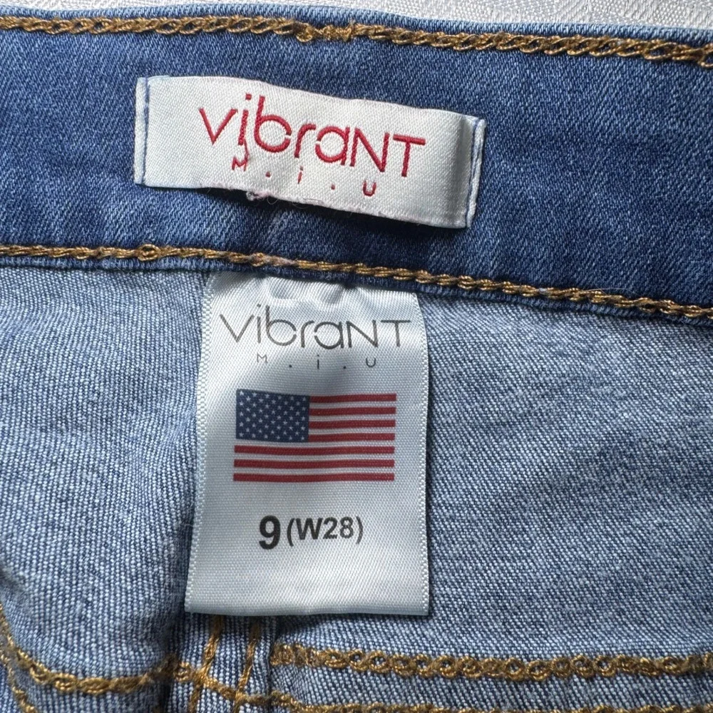 Vibrant MIU Women Blue Distressed High Rise Button Fly Flare Jeans Size 9 W28